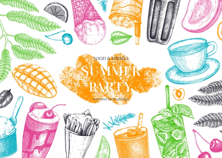 Summer party background. Non-alcoholic beverage, mocktail, ice cream, fruit, cocktail sketches. Hand drawn vector illustration. Summer food festival frame. Tropical design in color